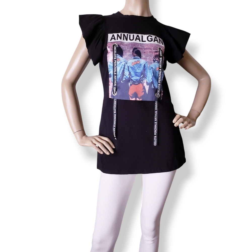 Black Graphic Print Ribbon Tee with Ruffle Flutter Sleeves - Picture 8 of 8